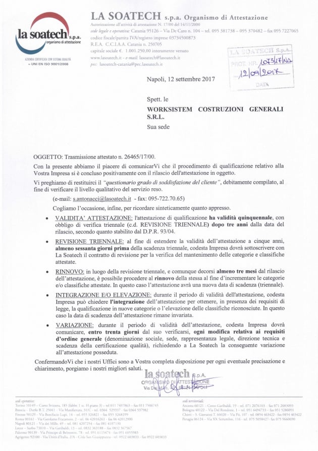 2017.09.12 La Soatech s.p.a. Validità di Attestazione di Qualificazione